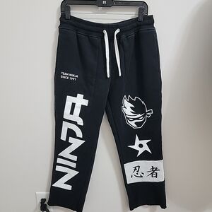 Team Ninja Sweatpants Unisex Size M Black Graphic Raw Hem Heavy Cotton